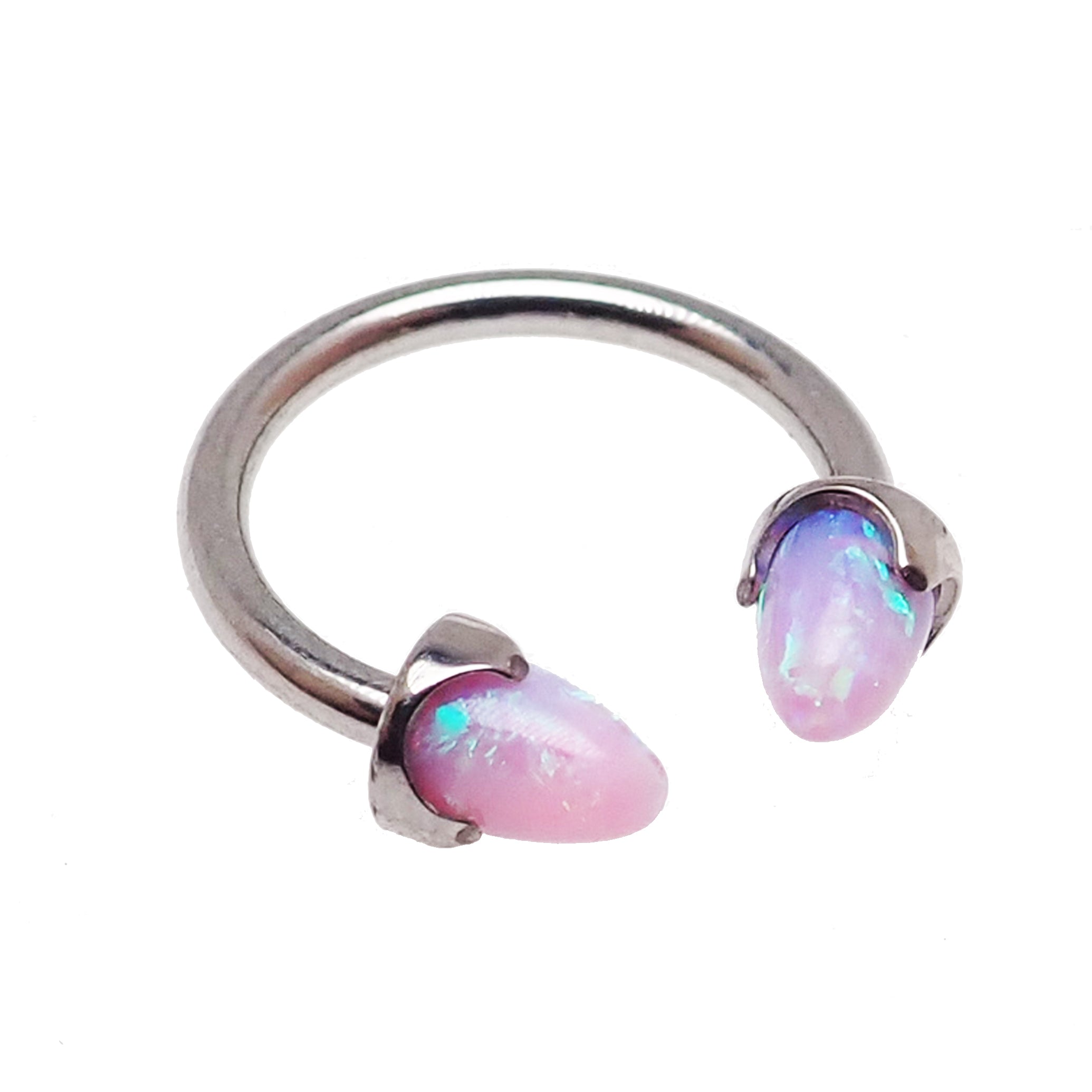 Black horseshoe body jewelry with 4mm spiked opal cone ends, 16 gauge, featuring a sleek design and curved shape.