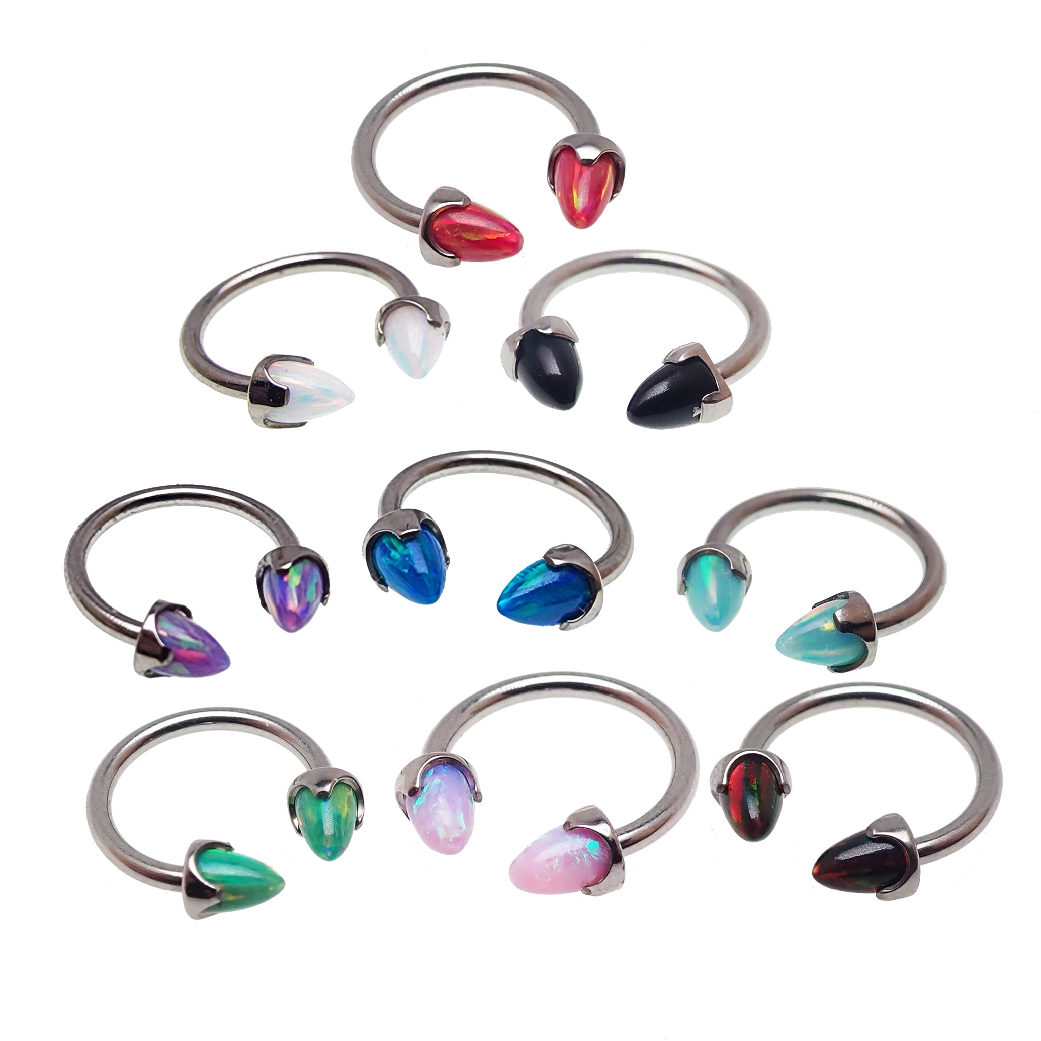 Black cherry horseshoe piercing with 4mm spiked opal cone ends, 16g body jewelry by Body Clickers.