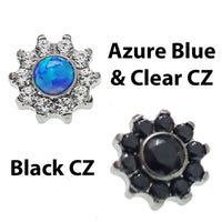 Body Clickers CZ and opal daisy top attachments for 16g body jewelry, featuring sparkling stones and floral design.