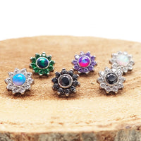 Body Clickers CZ and opal daisy top attachments for 16g body jewelry, featuring floral design and sparkling stones.