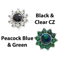 Body Clickers CZ and opal daisy top attachments for 16g body jewelry, featuring sparkling stones and floral design.