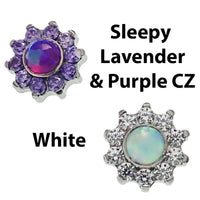 Body Clickers CZ and opal daisy top attachments for 16g body jewelry, showcasing detailed flower designs on a clear background.