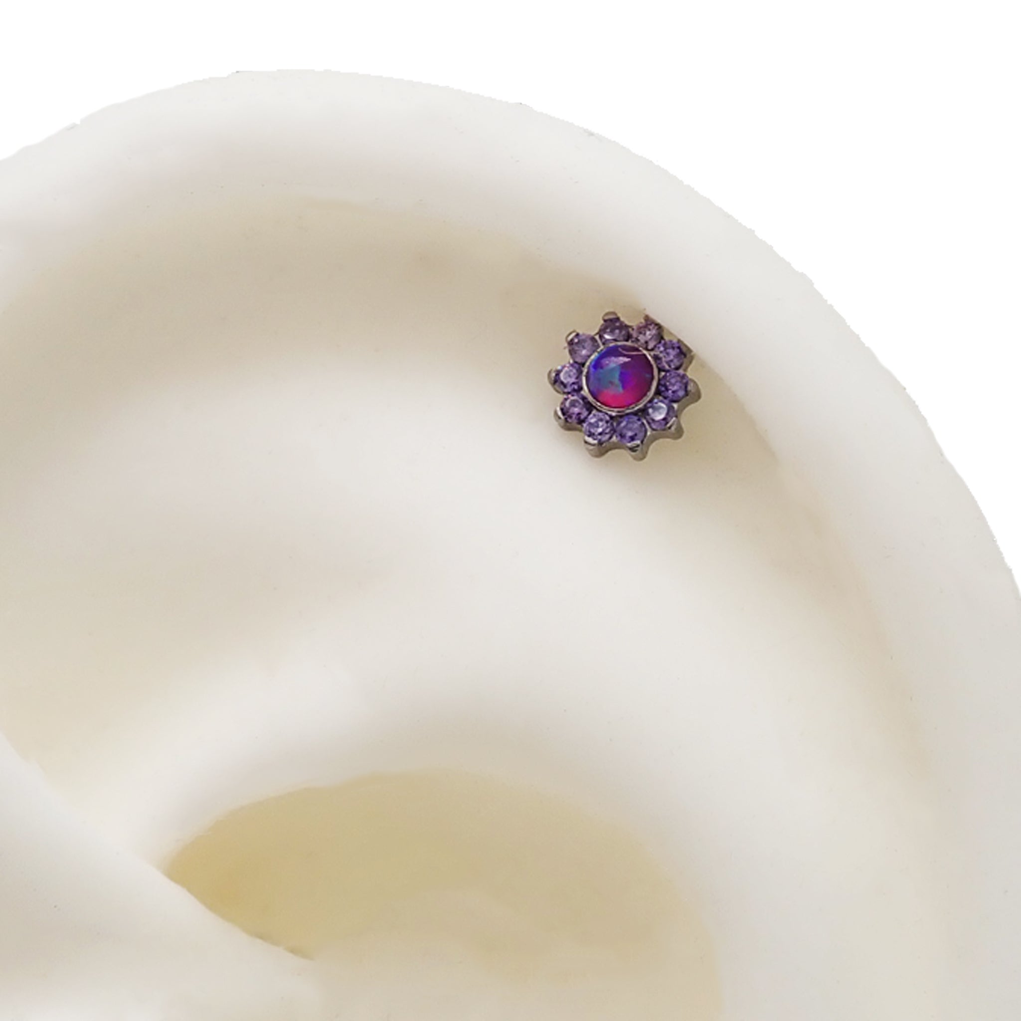 Body Clickers CZ and opal Daisy top attachments for 16g body jewelry, featuring floral design and sparkling gemstones.