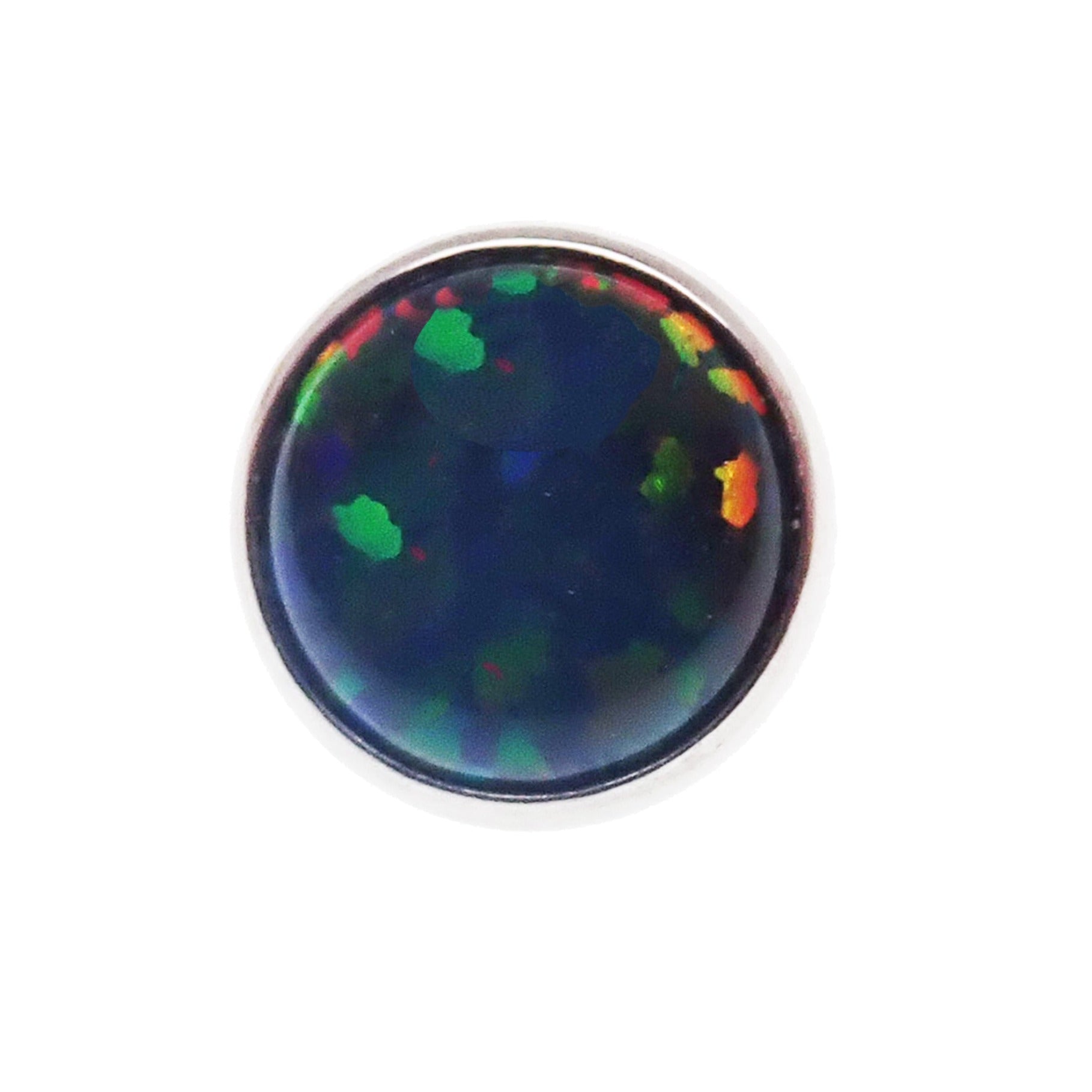 Black opal cabochon 4mm flat attachment for 14g body jewelry by Body Clickers, showcasing the smooth, polished gemstone surface.
