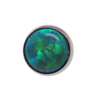 Silver 14g body jewelry with a 4mm cabochon opal flat attachment, featuring a kiwi design by Body Clickers.