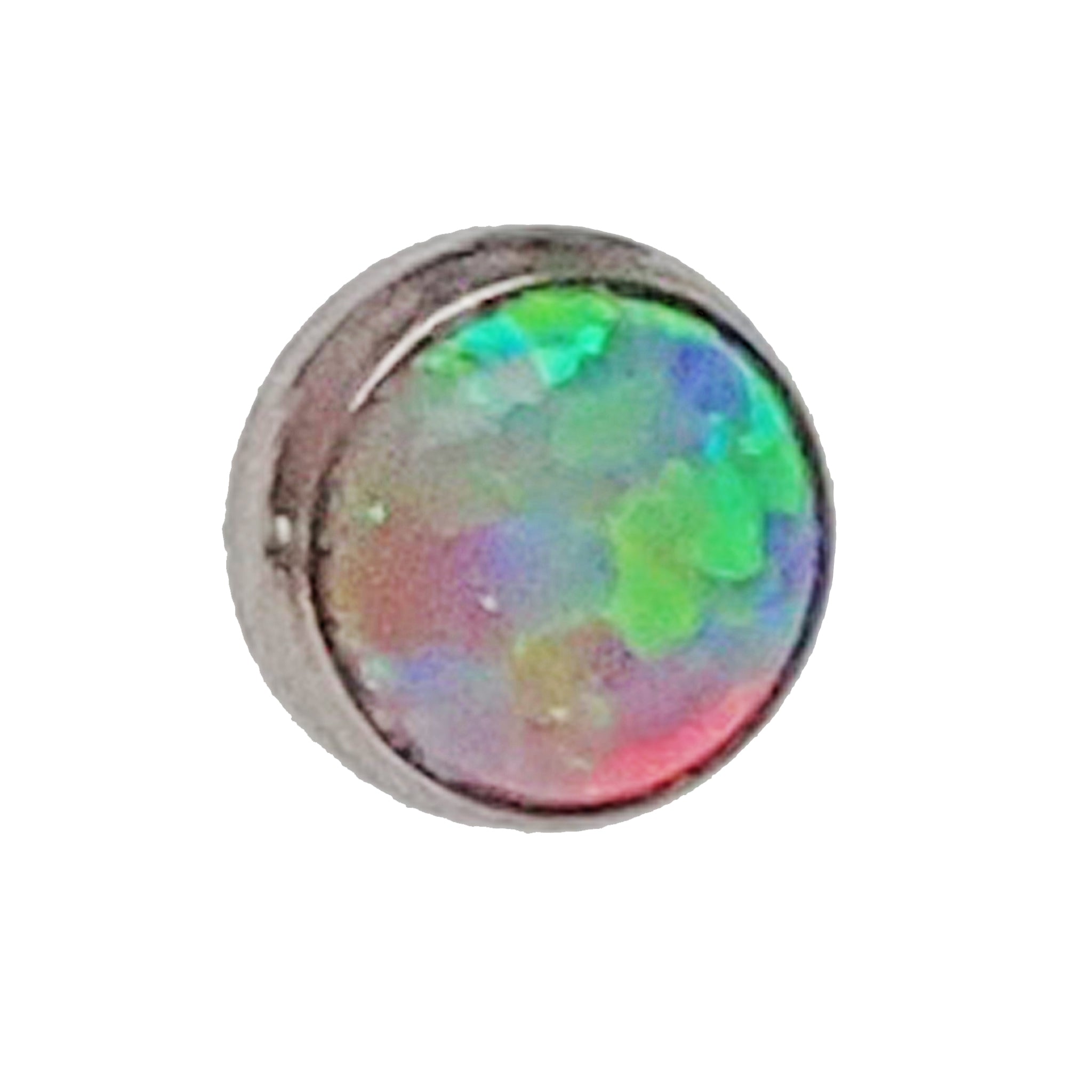 Titanium curve barbell with 4mm opal cabochon for body jewelry, featuring a unicorn design on the Body Clickers brand.