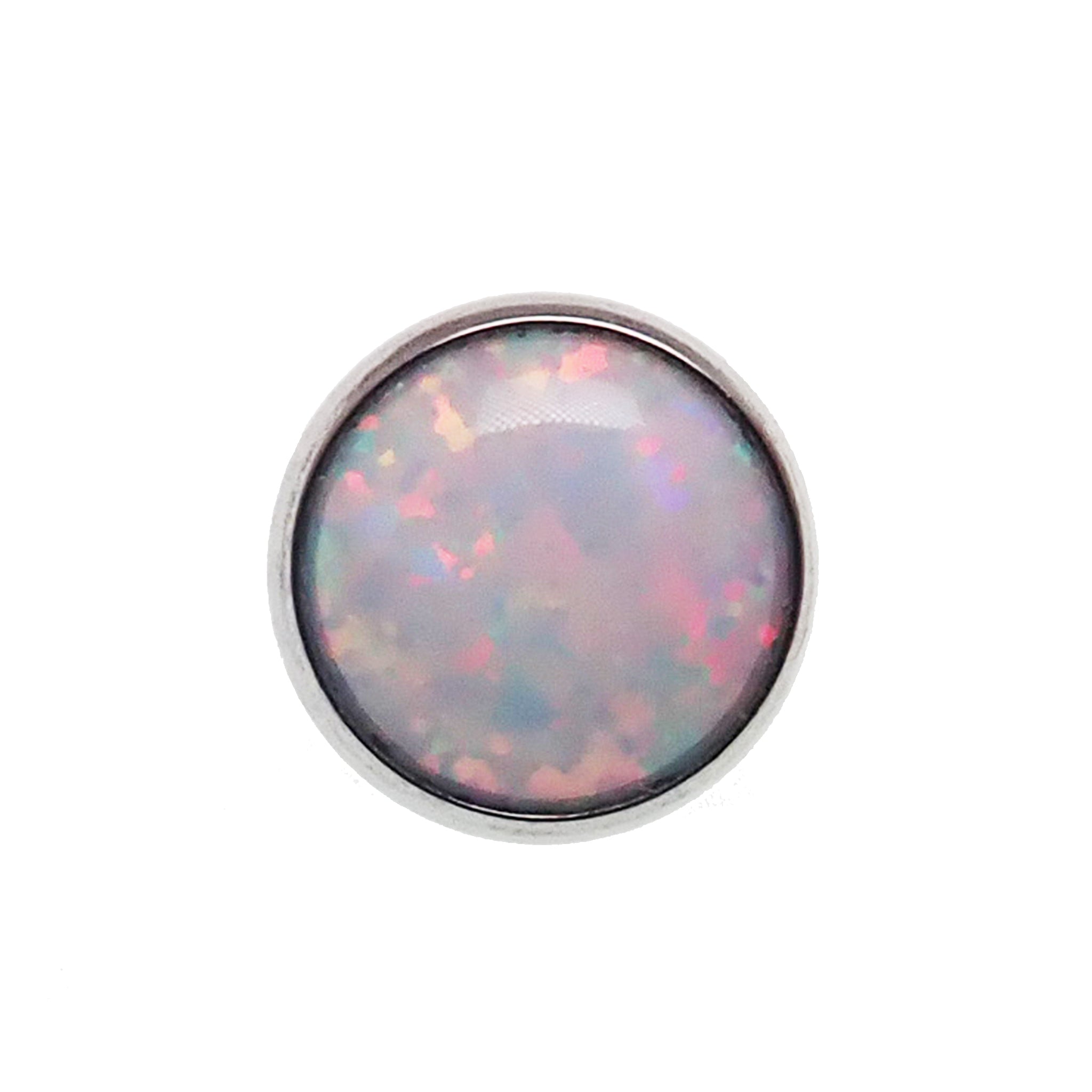 White cabochon 4mm opal titanium curve barbell body jewelry, 14g, by Body Clickers, showing the smooth, polished design.