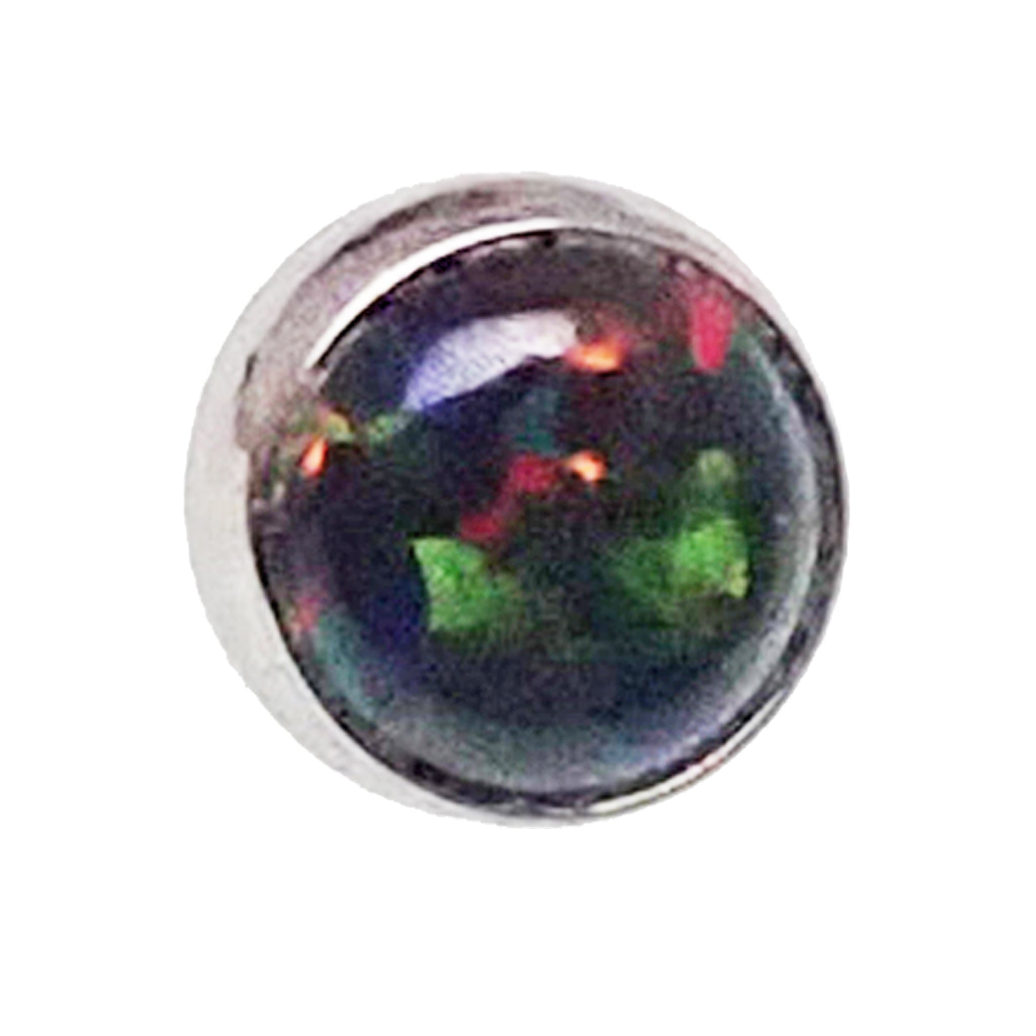 Black titanium curve barbell with 4mm opal cabochon body jewelry in 14g gauge, featuring a sleek, polished design.