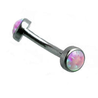 Titanium curve barbell with 4mm opal cabochon, 14g body jewelry from Body Clickers featuring a bubblegum pink design