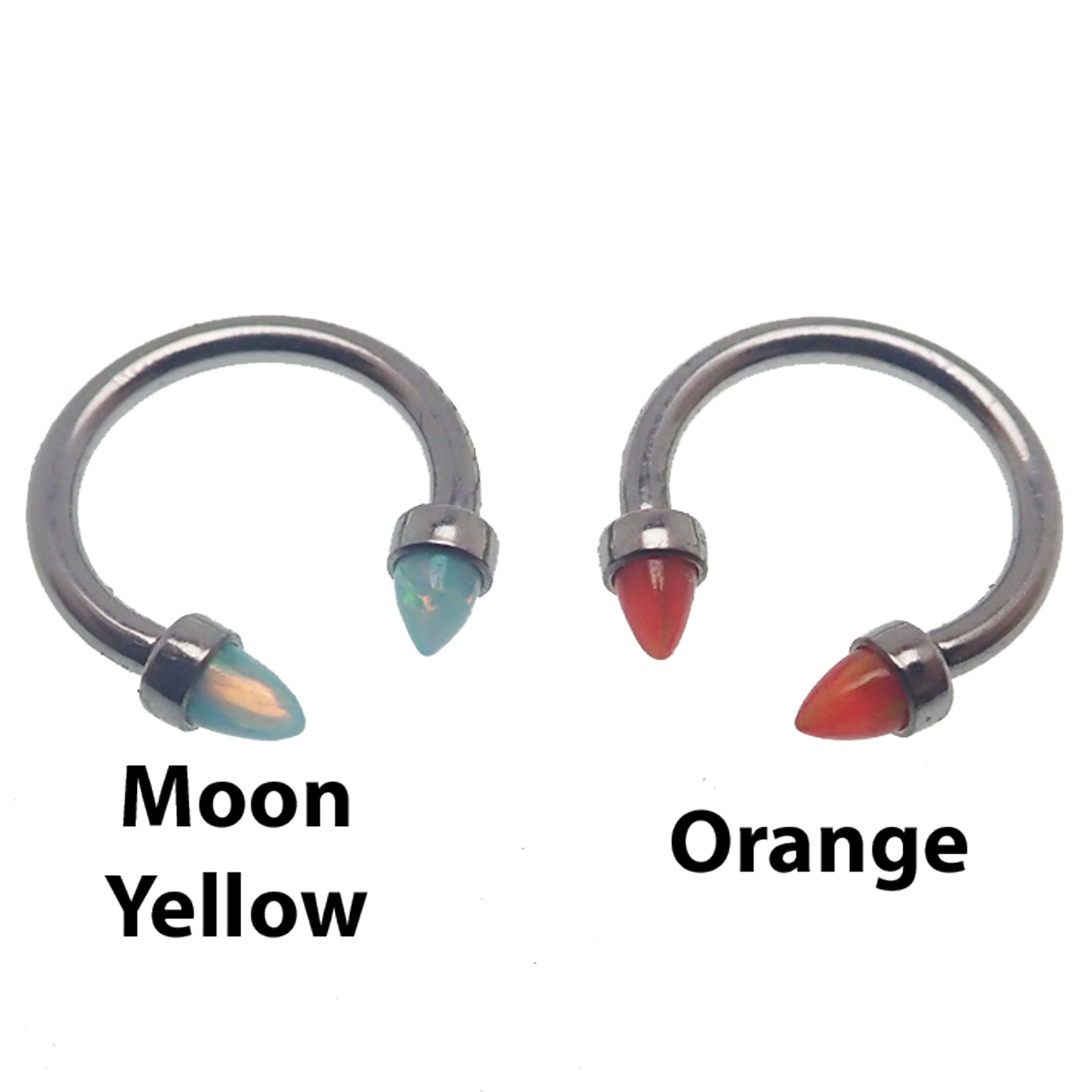 Black horseshoe body jewelry with 8mm spiked opal cone ends, 16g gauge, by Body Clickers, featuring a pierced nose or ear piercing.
