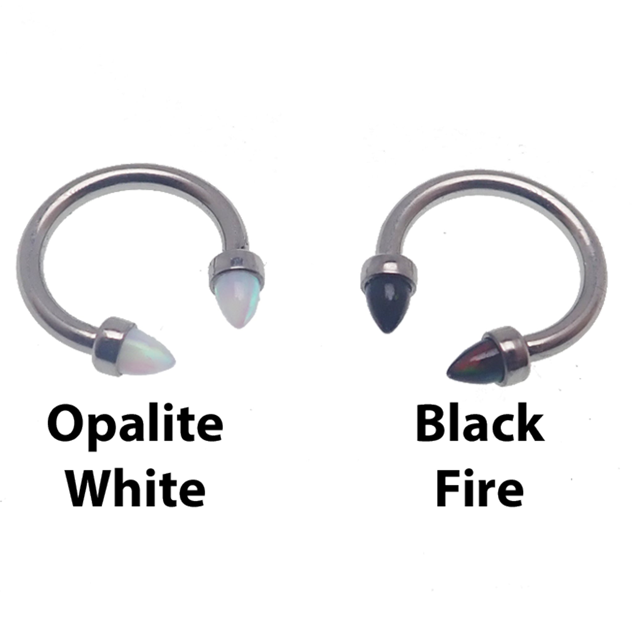 Black horseshoe body jewelry with 3mm spiked opal cone ends, 16g size, featuring a sleek and edgy design for body piercing.