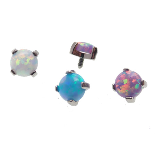 Black body jewelry with flat prong-set 4mm opal top attachments, 16 gauge Body Clickers body jewelry for piercing.