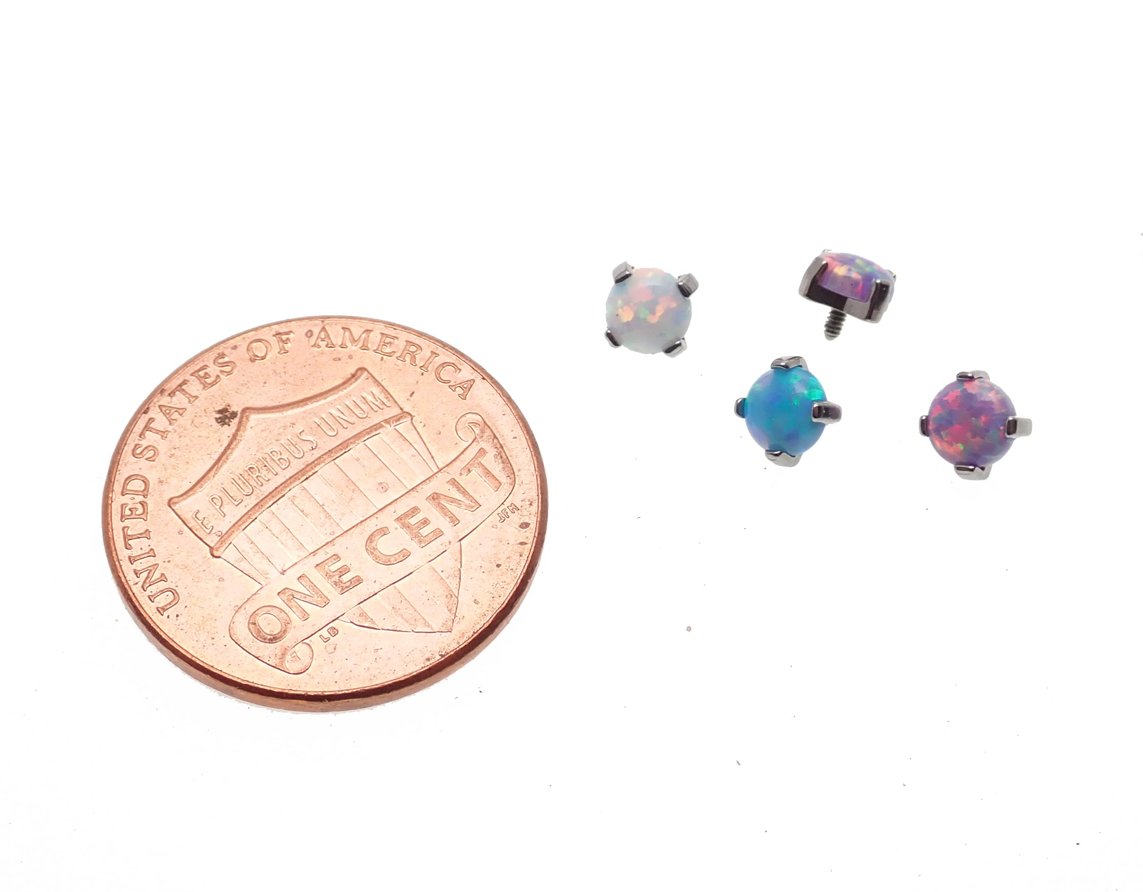 Black flat prong opal body jewelry top attachments, 4mm, for 16g piercings, by Body Clickers.