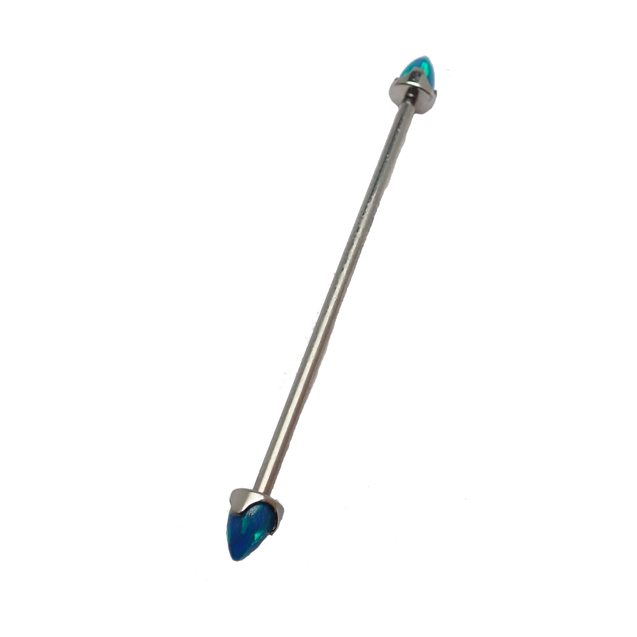 Black onyx and opal cone industrial barbell, 16g Body Clickers body jewelry with a 28mm length and sleek cone design.