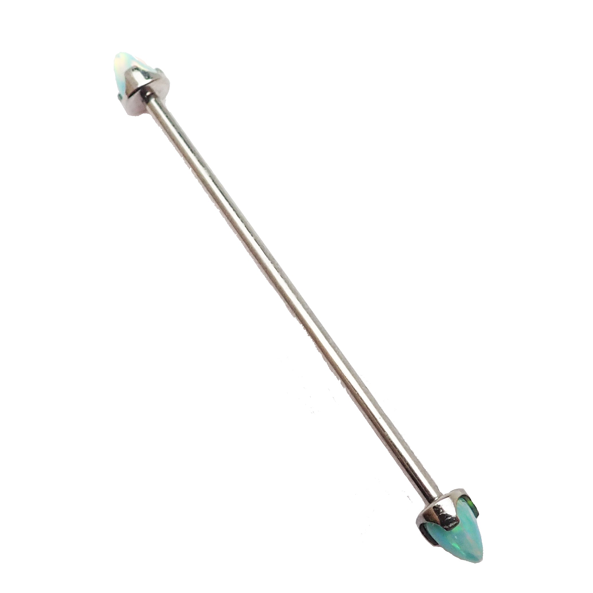 Black onyx or opal cone industrial body jewelry from Body Clickers, 16g bar with 28mm length.