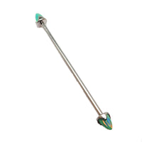 Black onyx and opal cone industrial barbell from Body Clickers, 16g body jewelry with 28mm length.