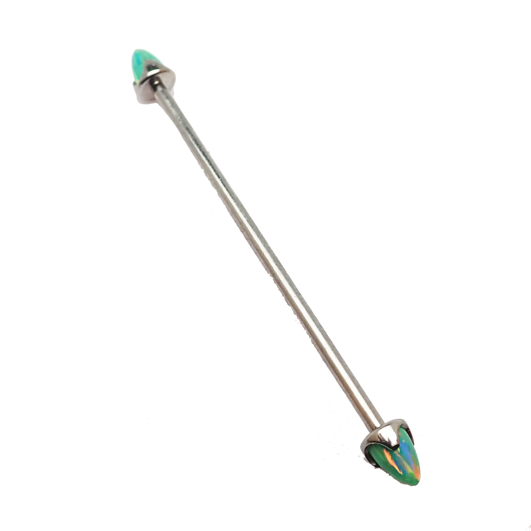 Black onyx and opal cone industrial barbell from Body Clickers, 16g body jewelry with 28mm length.