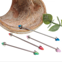 Black onyx and opal cone industrial bar body jewelry by Body Clickers, 16g, 28mm length, sleek industrial piercing accessory.