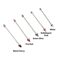 Black onyx and opal cone industrial bar body jewelry by Body Clickers, 16g, with black stone accents and a 28mm length.