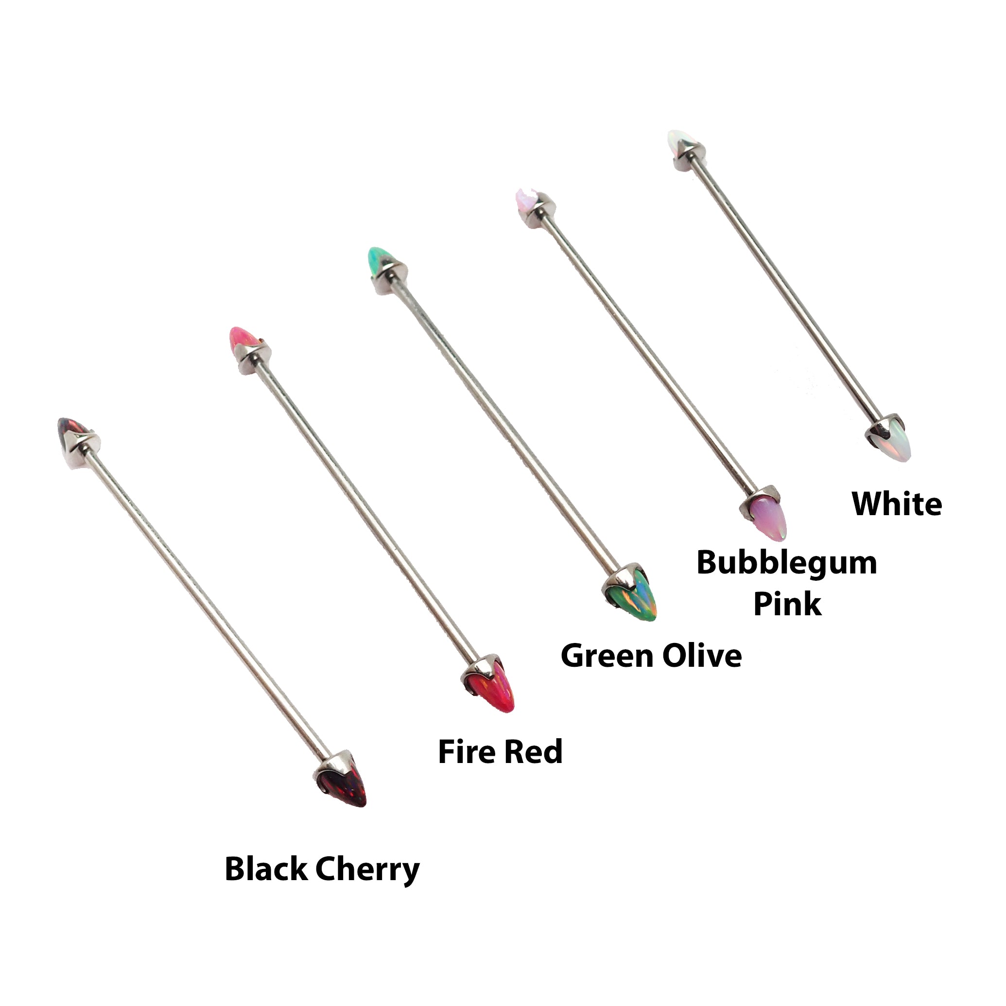 Black onyx and opal cone industrial bar body jewelry by Body Clickers, 16g, with black stone accents and a 28mm length.