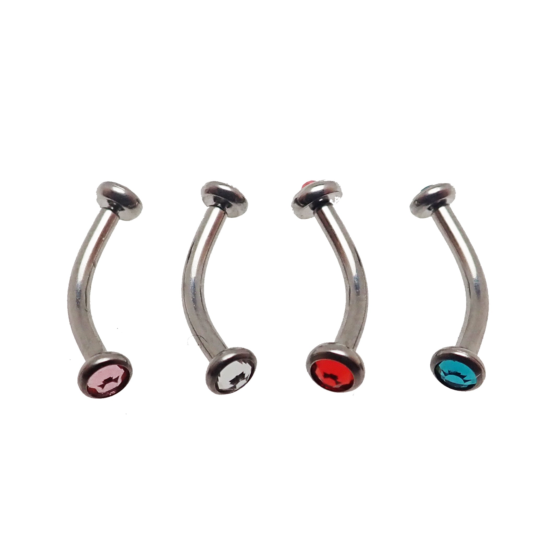Blue Swarovski 3mm crystals on curved body jewelry bar by Body Clickers, 16g, with a sleek, polished design for body piercing.