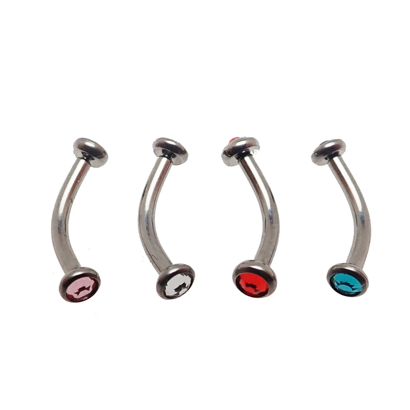 Blue Swarovski 3mm crystals on curved body jewelry bar by Body Clickers, 16g, with a sleek, polished design for body piercing.