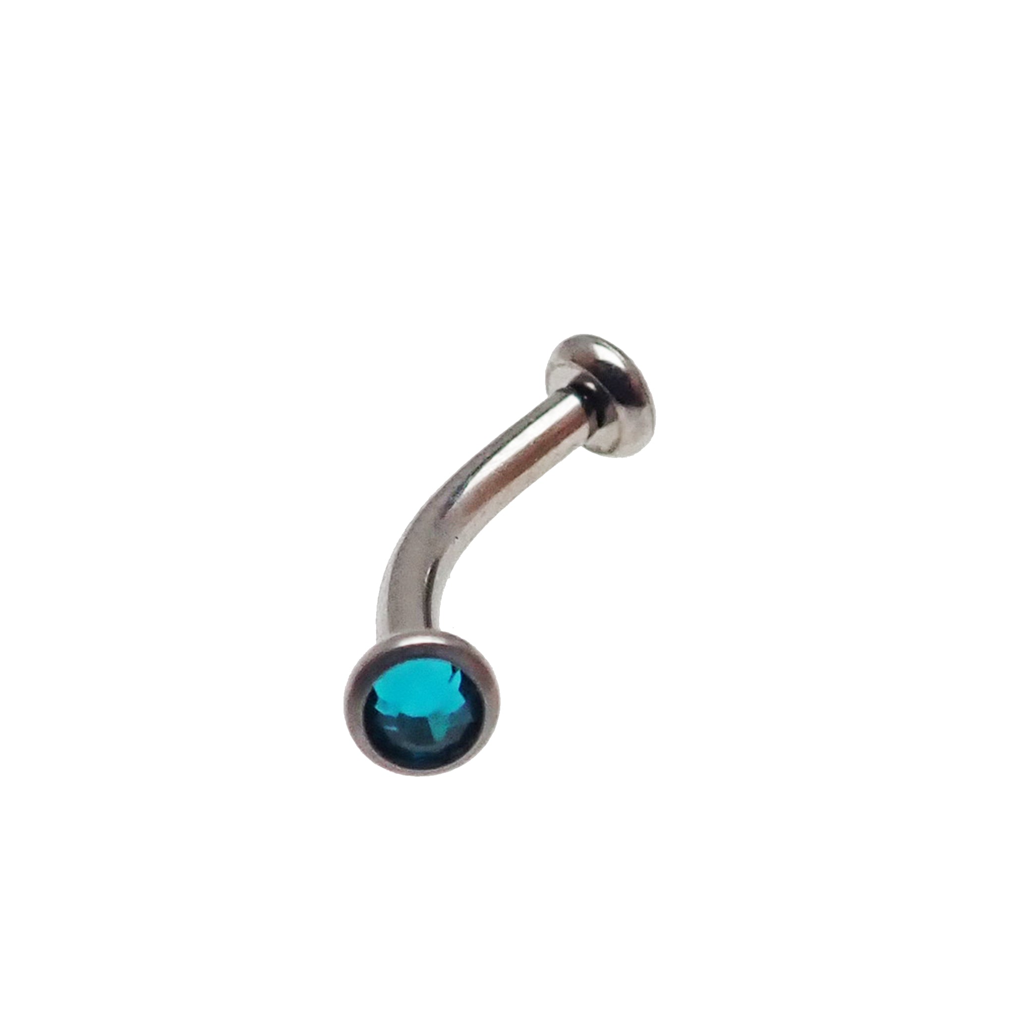 Blue Swarovski 3mm crystals on a curved bar body jewelry by Body Clickers, 16 gauge, designed for body piercing.