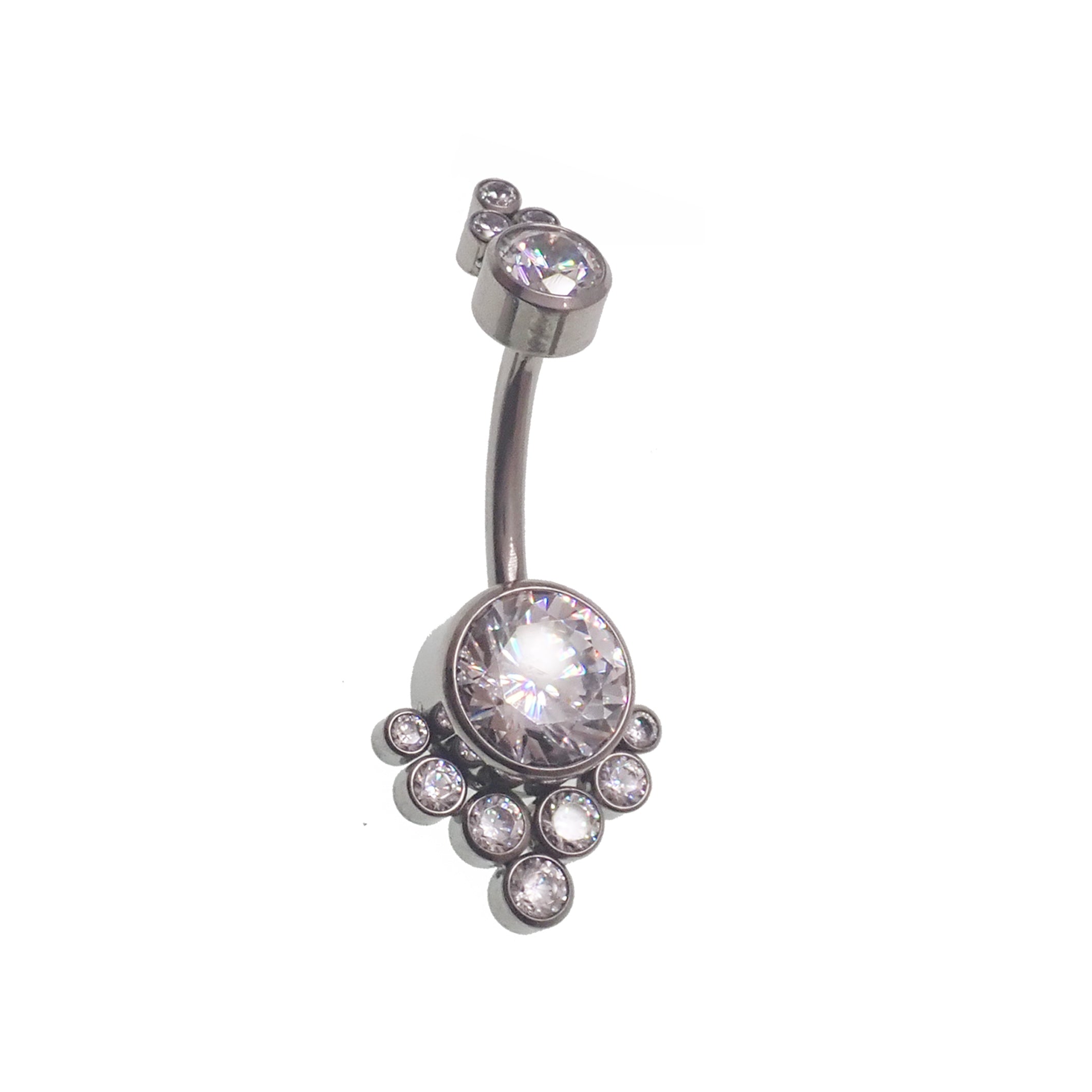 Blue and clear zircon cluster belly ring by Body Clickers, 14g body jewelry with sparkling gemstone design.