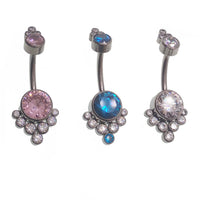 Blue and clear zircon cluster belly ring by Body Clickers, 14g body jewelry with sparkling gemstone design.
