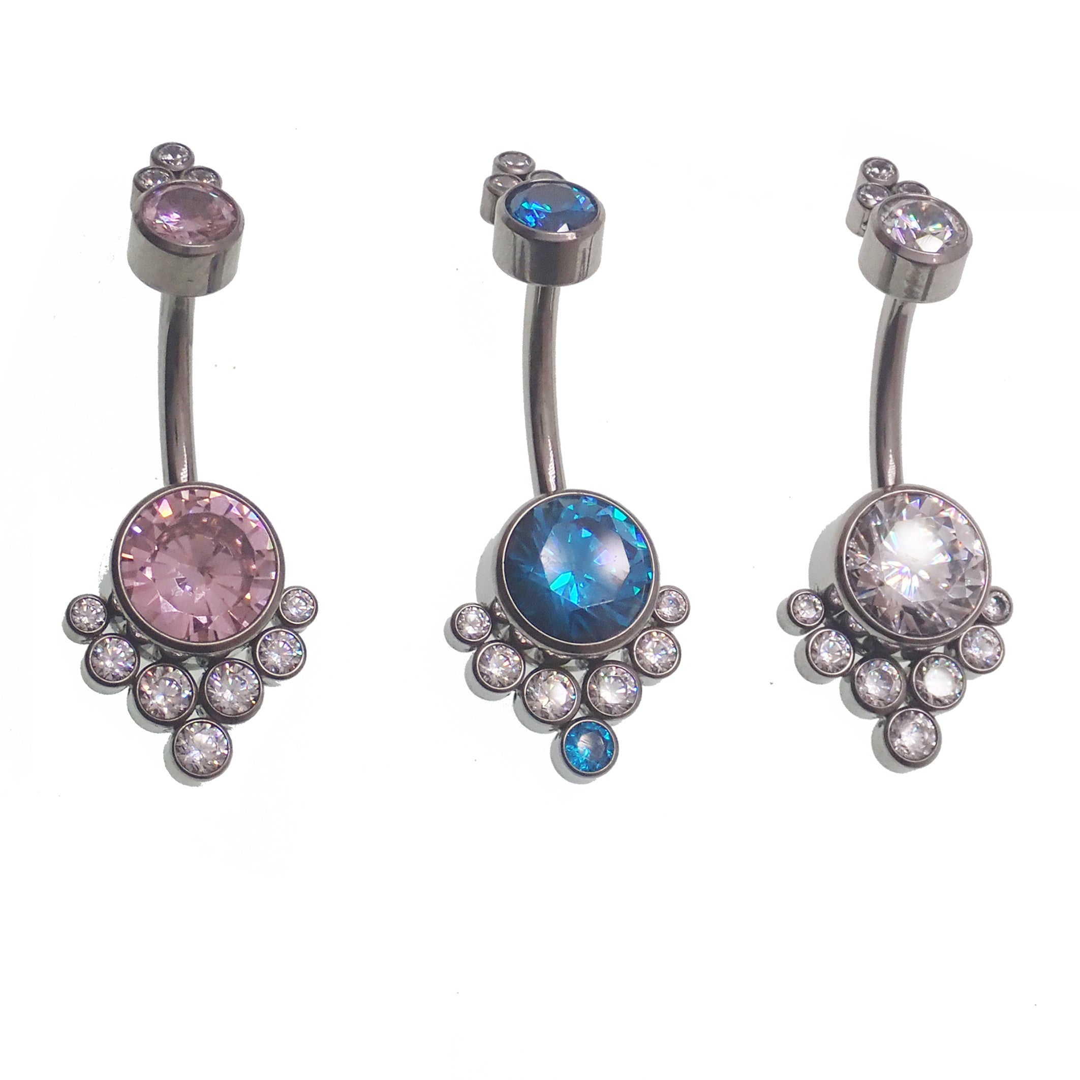 Blue and clear zircon cluster belly ring by Body Clickers, 14g body jewelry with sparkling gemstone design.
