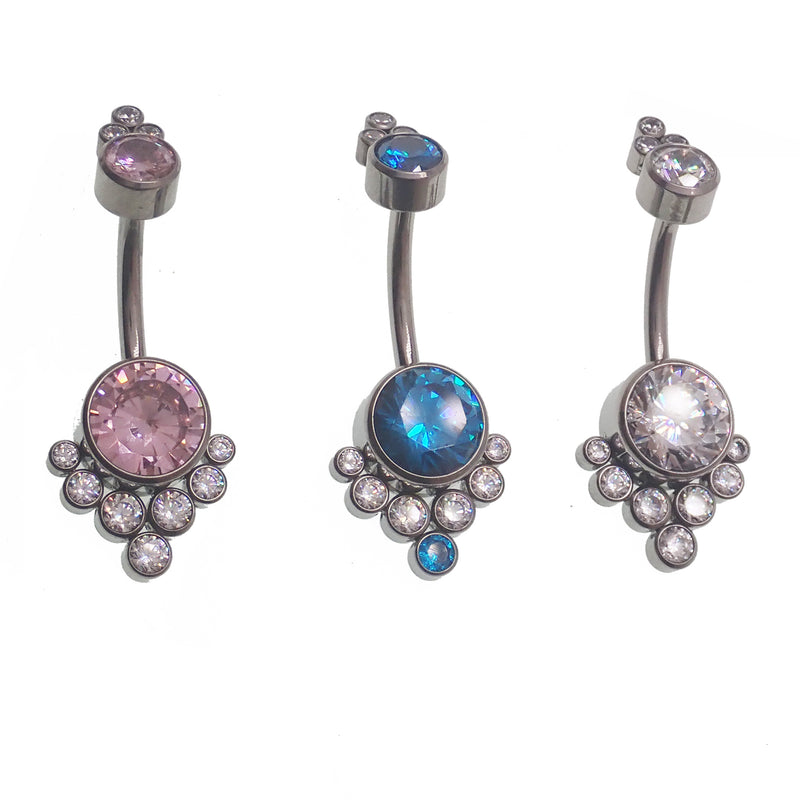 Blue and clear zircon cluster belly ring by Body Clickers, 14g body jewelry with sparkling gemstone design.