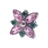 Body Clickers Flower Bloom CZ flatback body jewelry in blue and pink, available in 14g, 16g, and 18g sizes with 6mm stones.