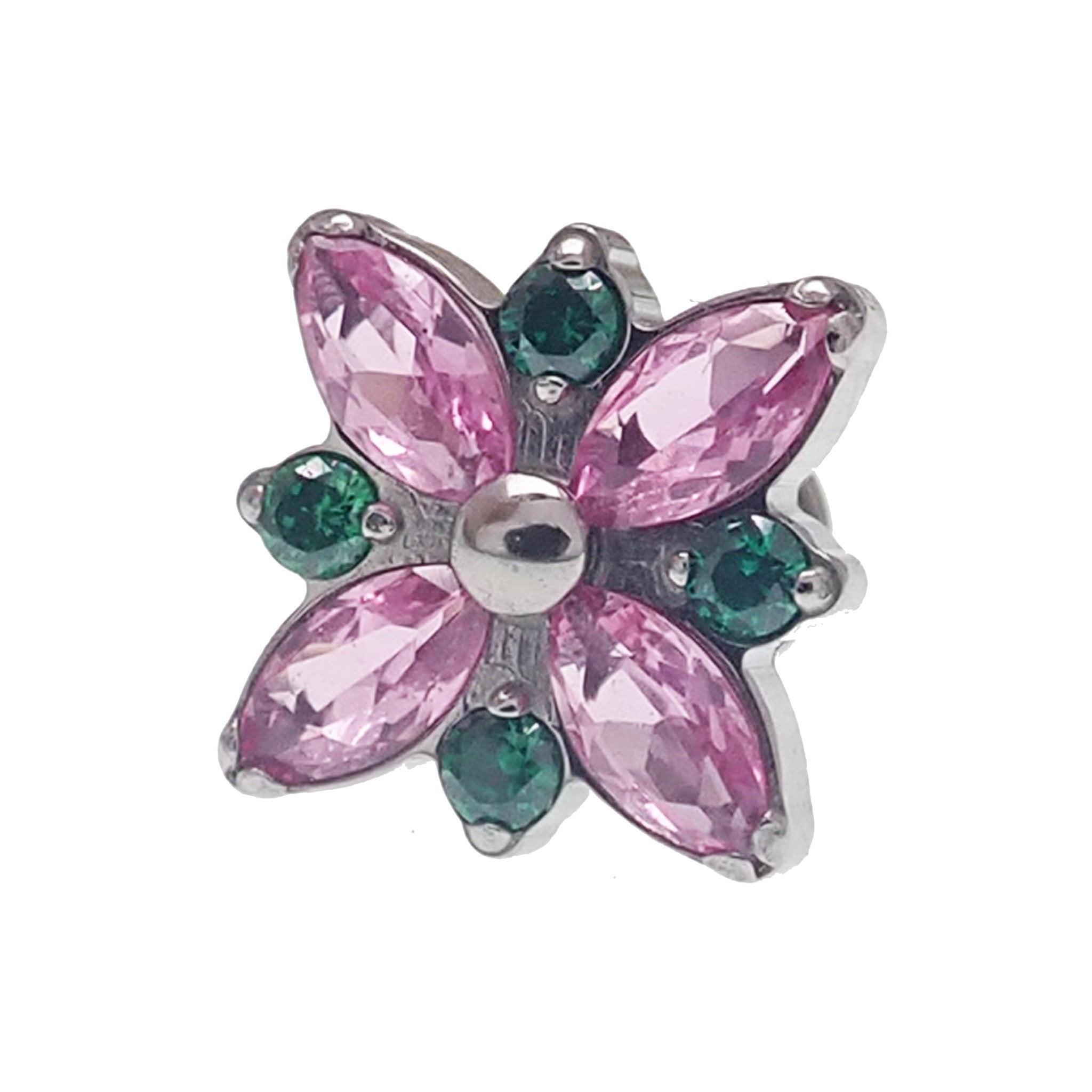 Body Clickers Flower Bloom CZ flatback body jewelry in blue and pink, available in 14g, 16g, and 18g sizes with 6mm stones.