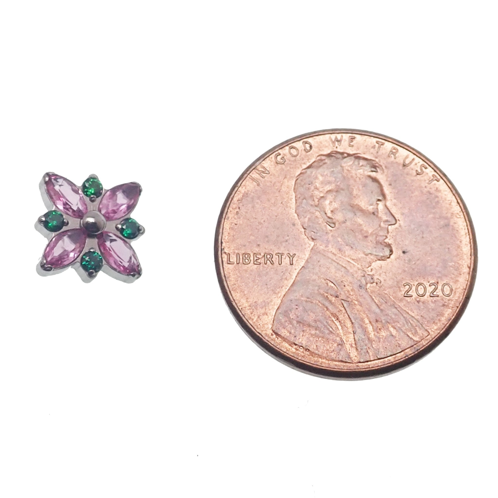 Blue and light pink Flower Bloom CZ flatback body jewelry in 18g, 16g, and 14g sizes by Body Clickers.