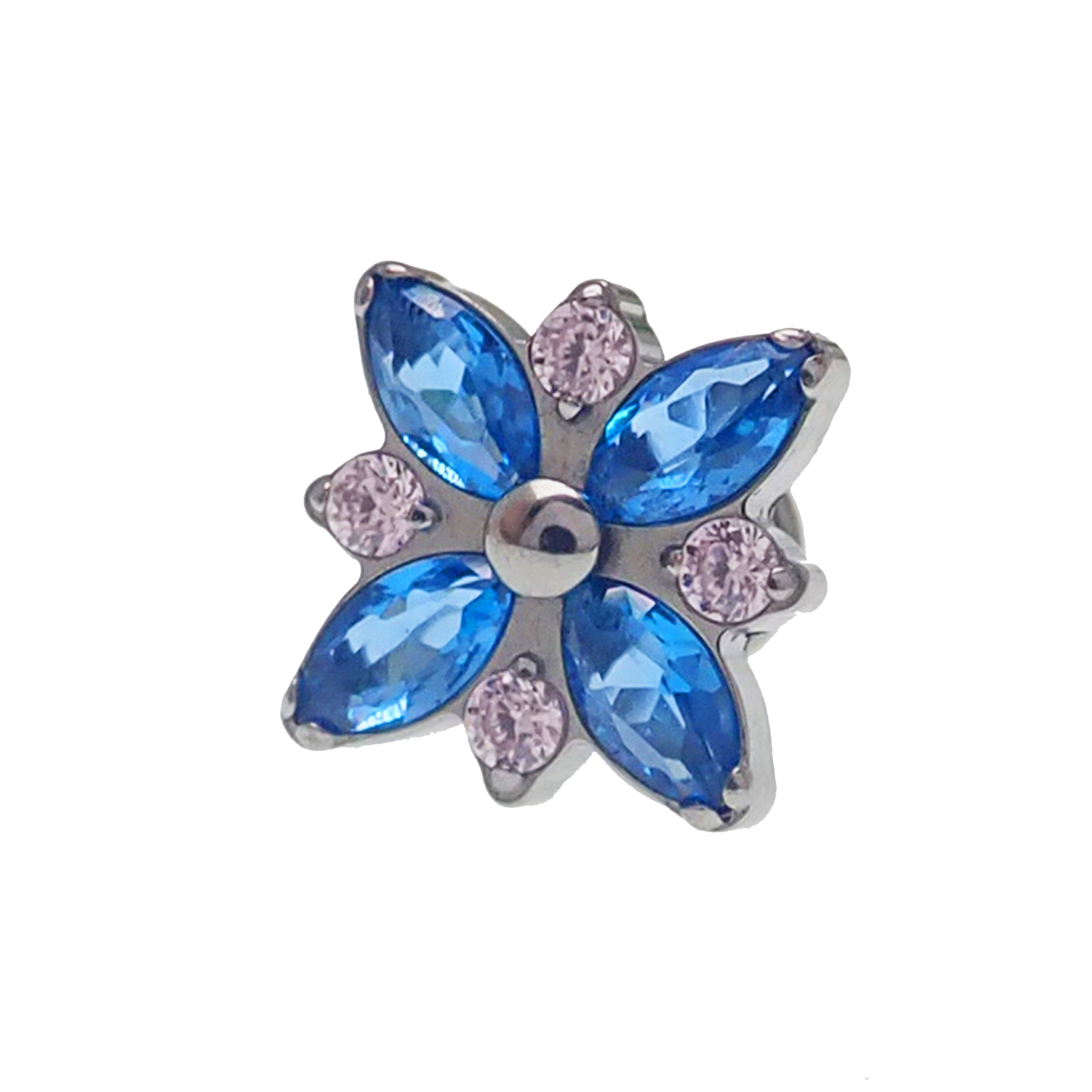 Blue and light pink flower bloom CZ flatback body jewelry by Body Clickers in 14g, 16g, and 18g sizes with 6mm stones.