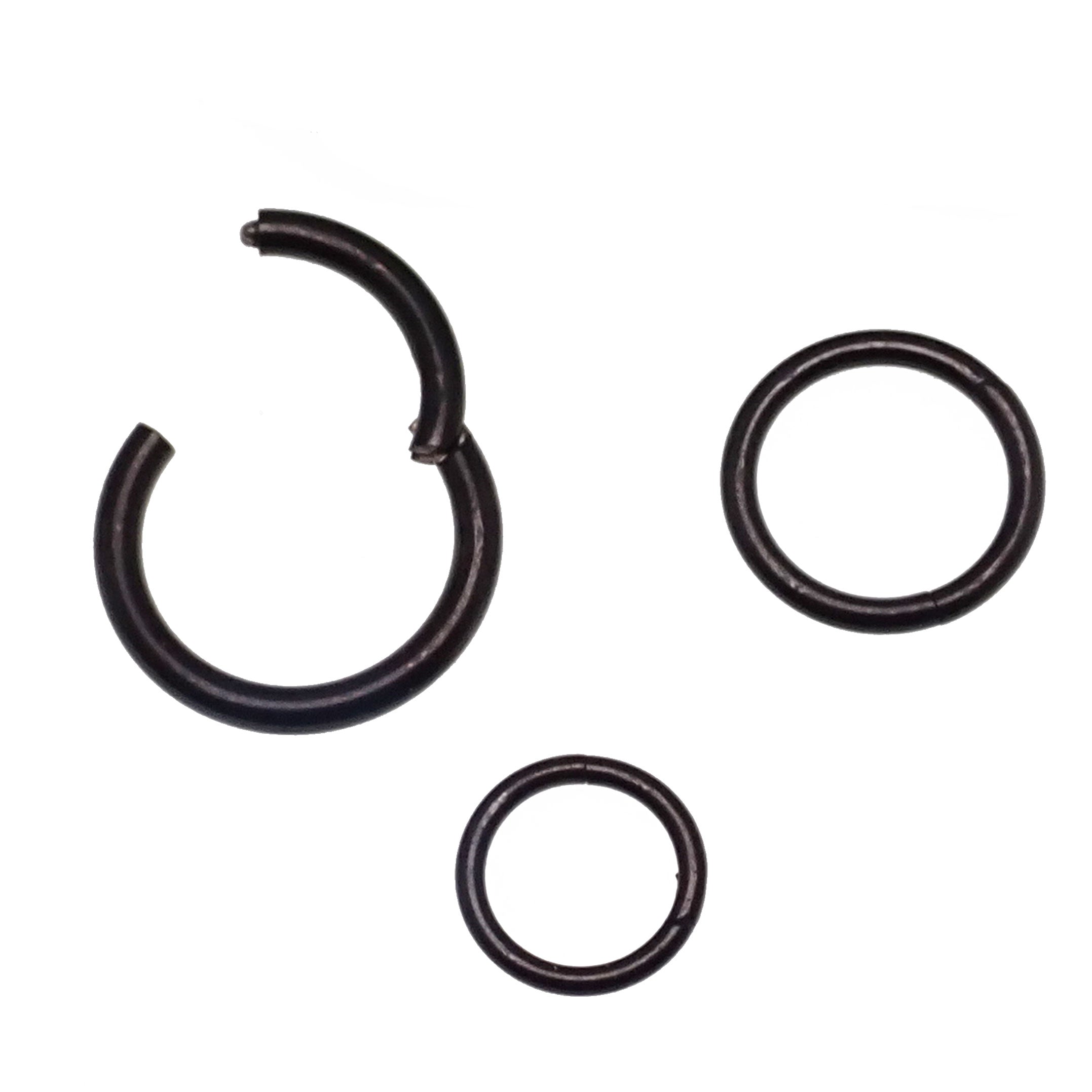 Plain PVD black hinged clicker piercing in 18g body jewelry with 8mm diameter, featuring a sleek, modern design.