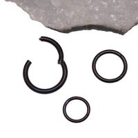 Plain black PVD hinged clicker piercing in 18g, body jewelry with a sleek, minimalist design and hinged clasp for easy wear.