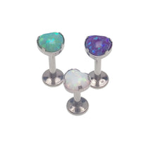 Opal heart flat back piercing by Body Clickers Body Jewelry in 14g, 16g, or 18g with kiwi green 6mm opal for body jewelry.