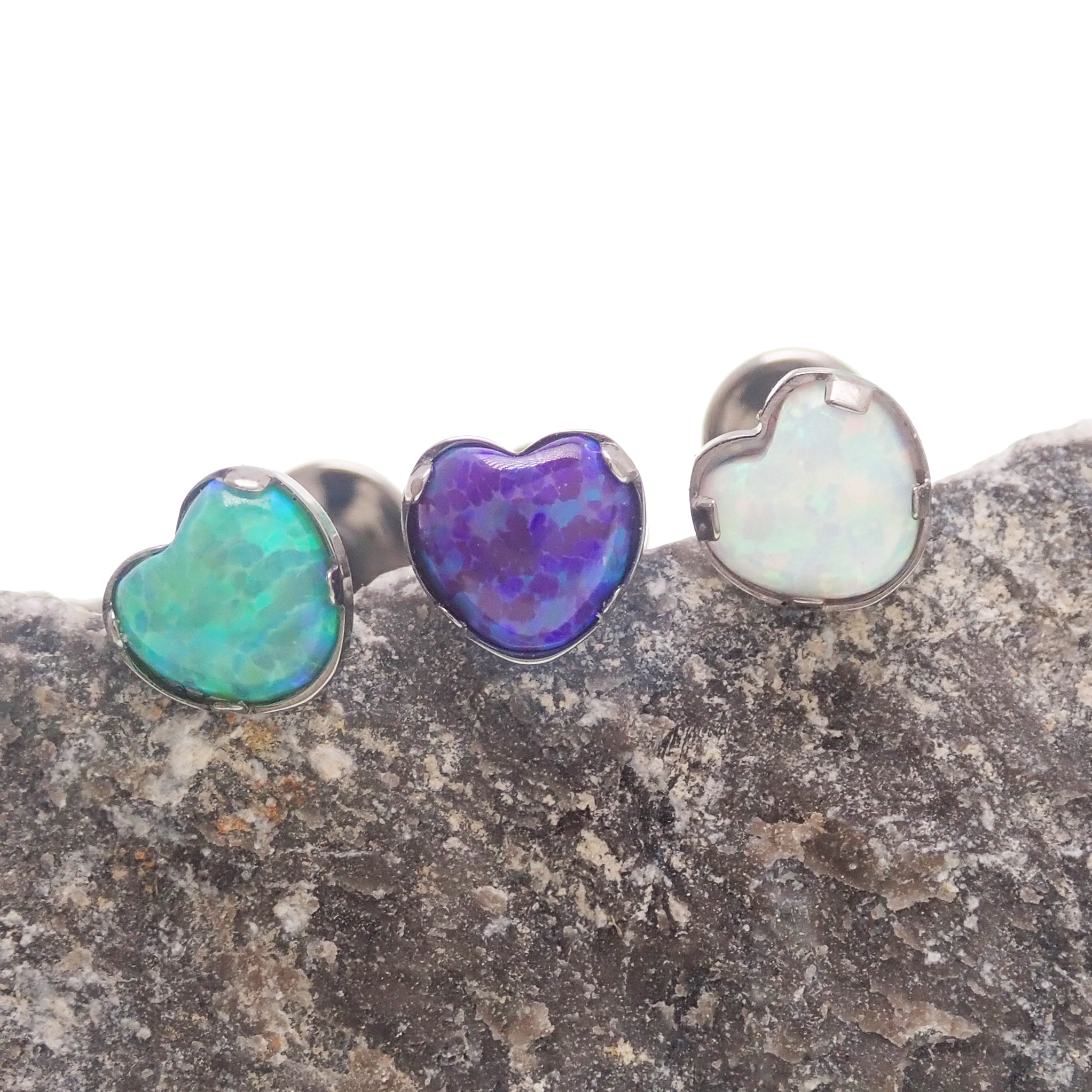 Opal heart flat back piercing by Body Clickers Body Jewelry in 14g, 16g, 18g with green 6mm opal stone for body jewelry.
