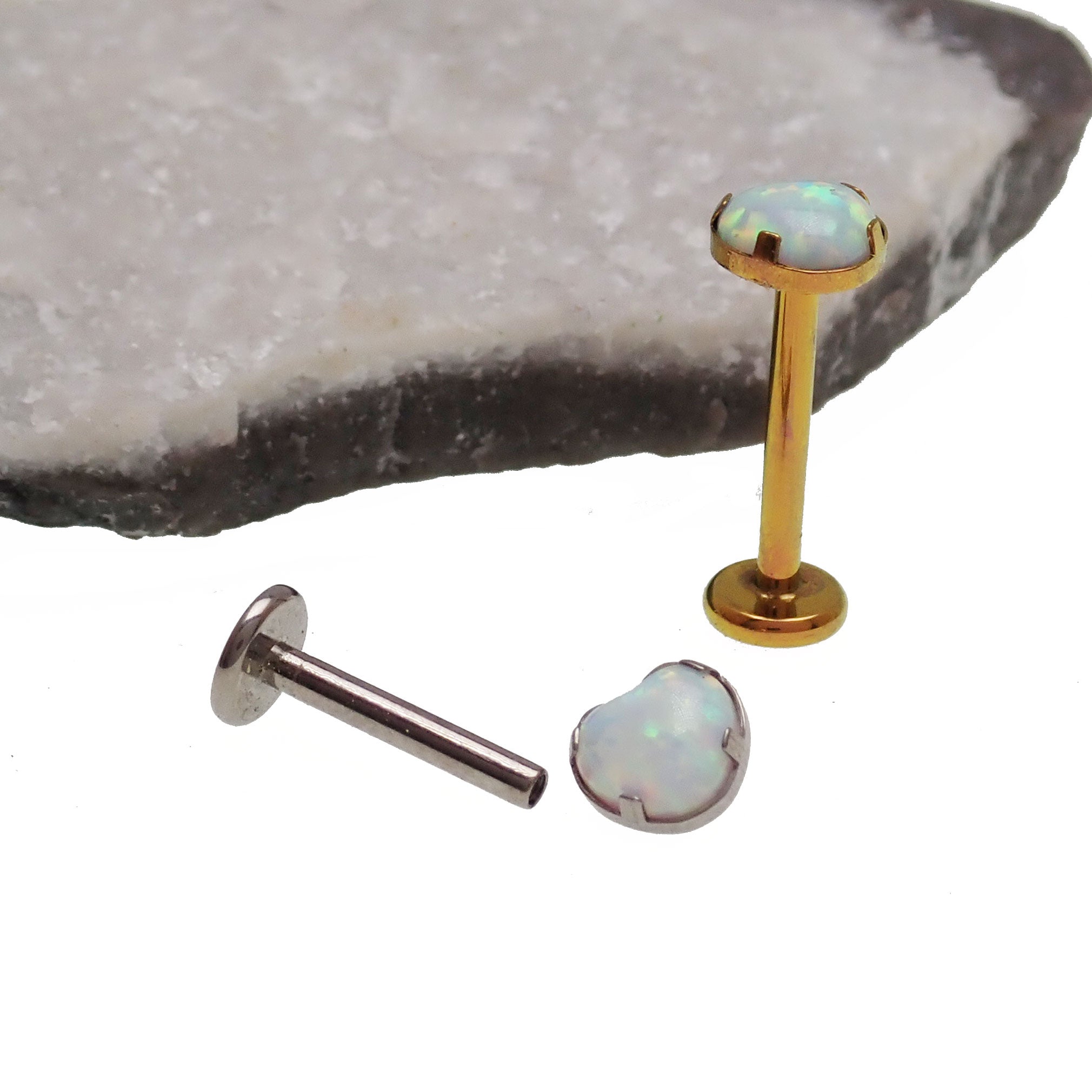 Opal Heart Flat Back Piercing in kiwi green, 14g body jewelry by Body Clickers, with 6mm opal heart design for body jewelry.
