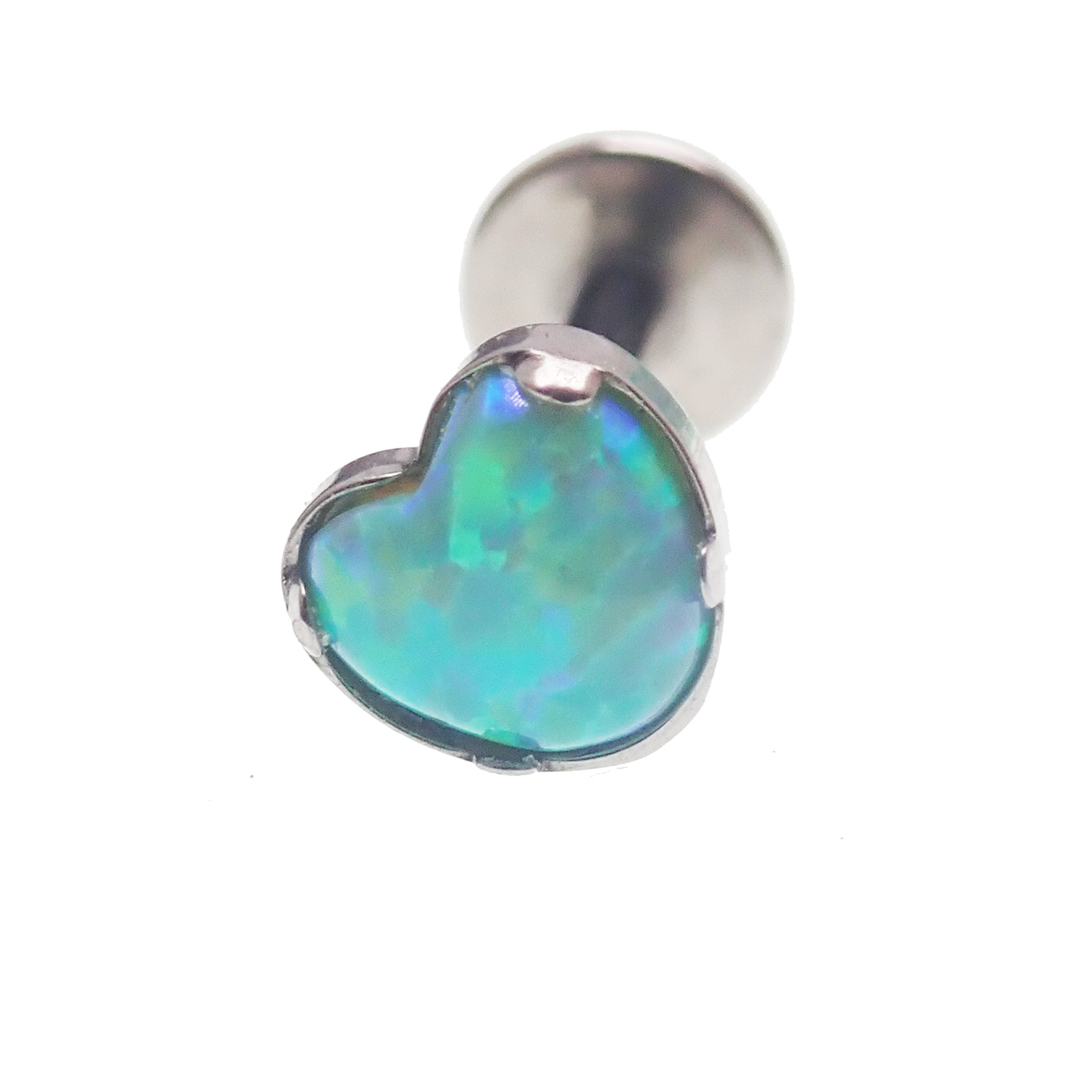 Opal Heart Flat Back Piercing in 14g, 16g, or 18g from Body Clickers Body Jewelry, featuring a kiwi green 6mm opal heart design.