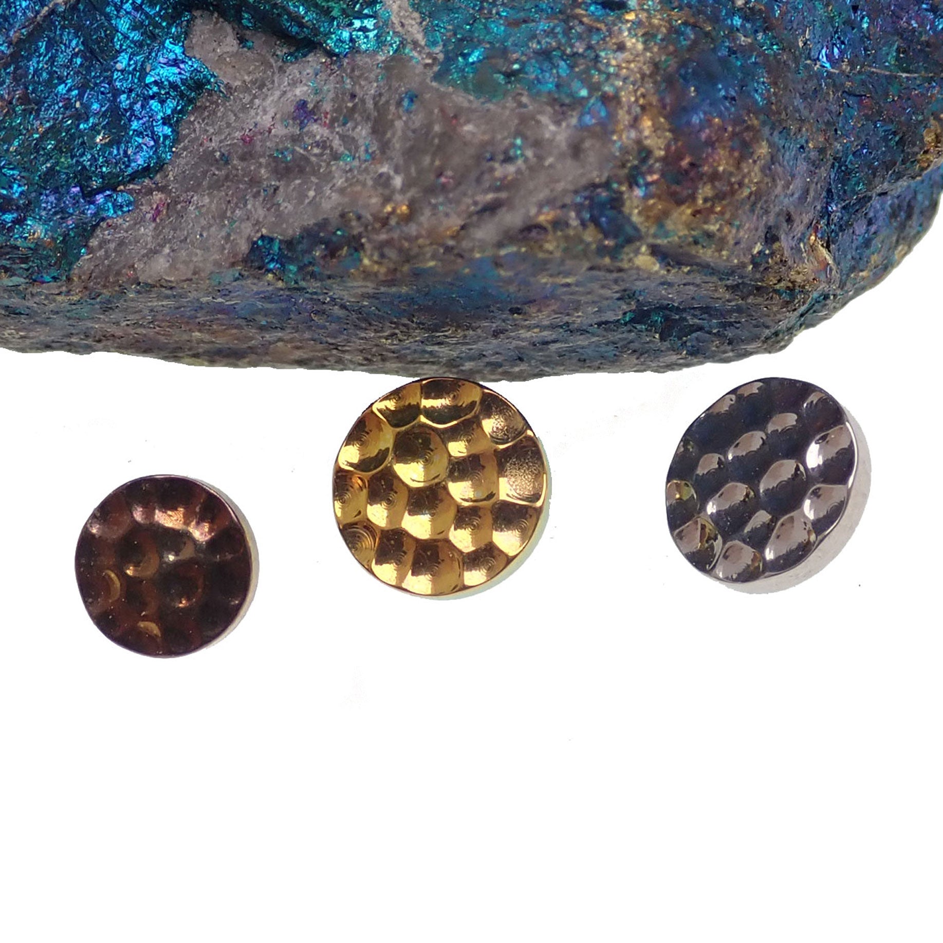 Hammered titanium top attachments for 16g body jewelry by Body Clickers, featuring a 3mm disc design.
