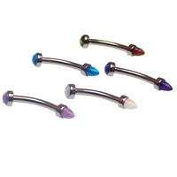 Micro Curve Titanium Piercing by Body Clickers with cone and flat top opals, 16g body jewelry, black fire design.