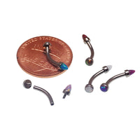 Micro Curve Titanium Piercing with Cone and Flat Top Opals in 16g body jewelry, featuring black fire design and sleek craftsmanship.