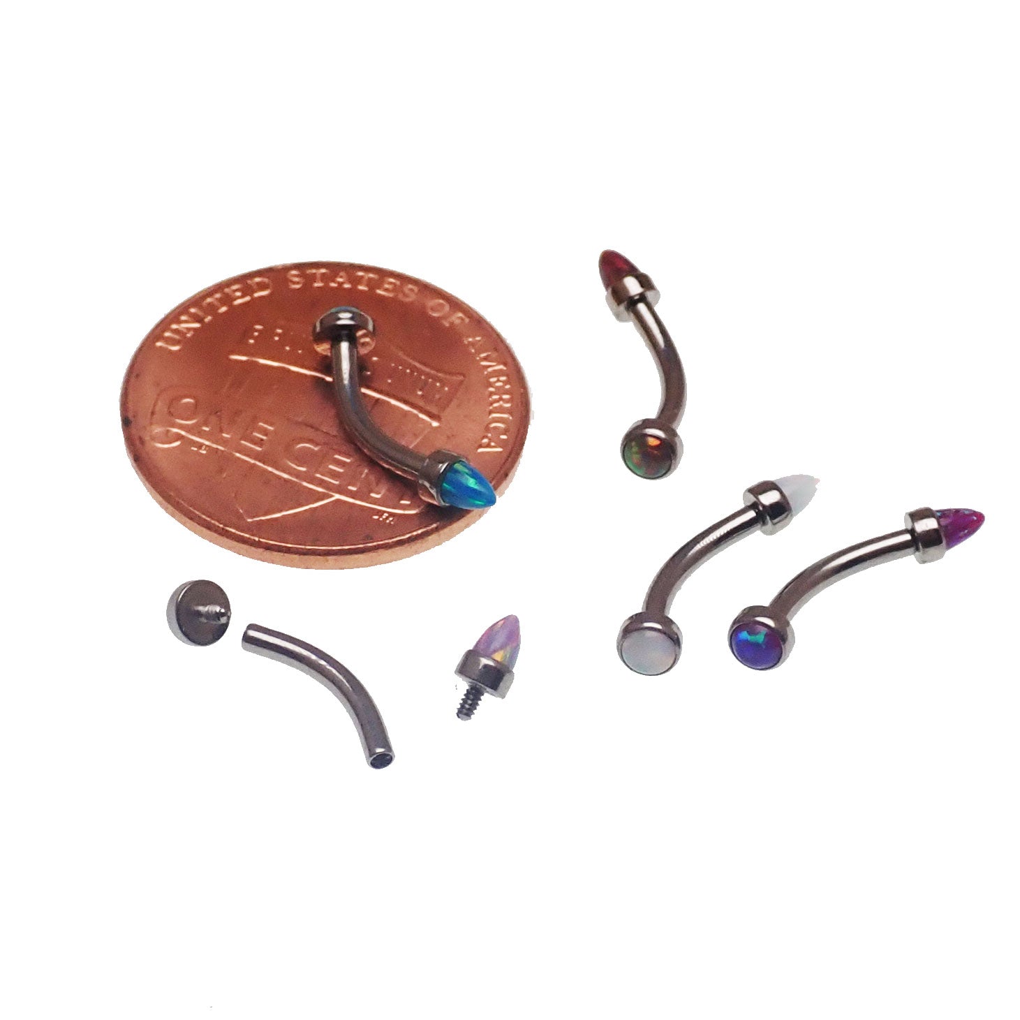 Micro Curve Titanium Piercing with Cone and Flat Top Opals in 16g body jewelry, featuring black fire design and sleek craftsmanship.