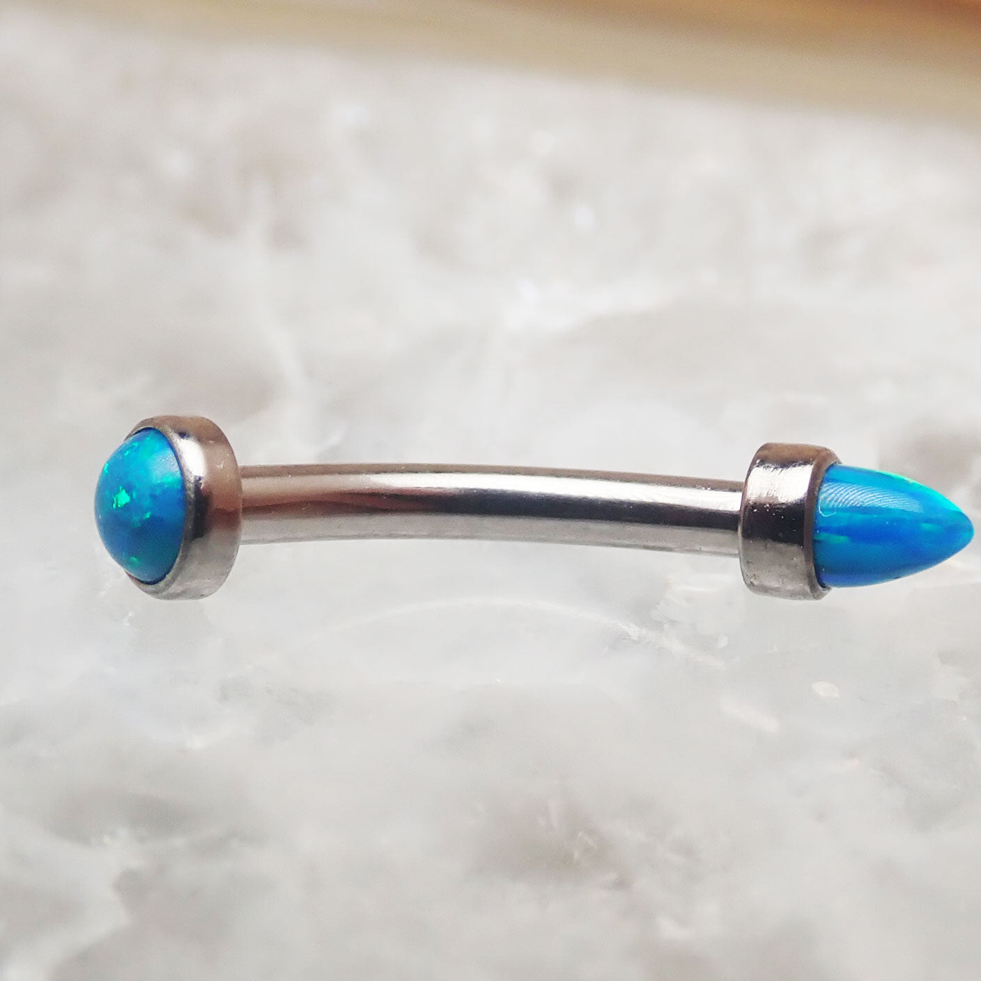 Micro Curve Titanium Piercing with Cone and Flat Top Opals, 16g, Body Clickers Body Jewelry, black fire design.