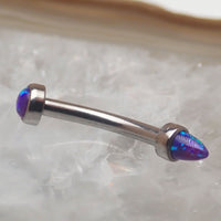 Micro Curve Titanium Piercing with Cone and Flat Top Opals in 16g, body jewelry by Body Clickers featuring black fire design.