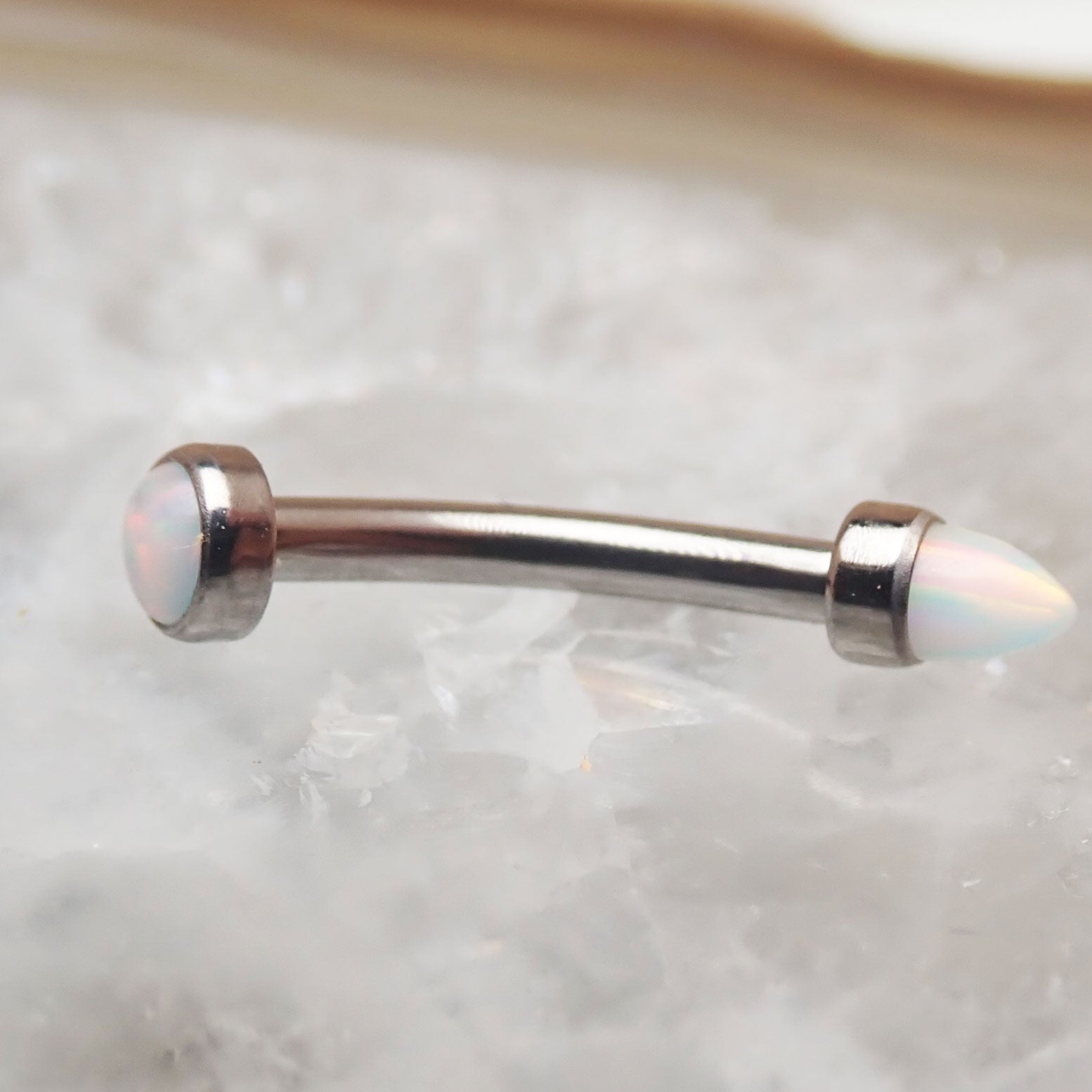 Micro Curve Titanium Piercing with Cone and Flat Top Opals, 16g, Body Jewelry by Body Clickers featuring black fire design