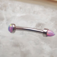 Micro Curve titanium piercing by Body Clickers with cone and flat top opals, 16g body jewelry, black fire design.