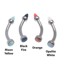 Micro Curve Titanium piercing with cone and flat top opals, 16g body jewelry by Body Clickers featuring black fire design.